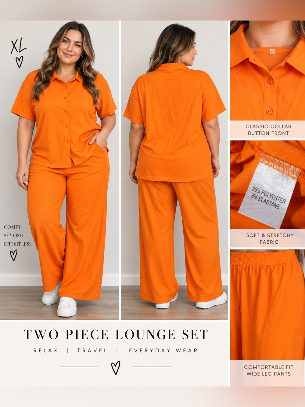 Two-Piece Orange Lounge Set - Classic Collar Button Front